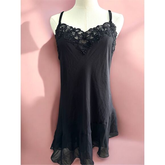 Vtg California Dynasty Lace Sequin Beaded Whimsigoth Mini Ruffle Slip Dress Larg - Picture 1 of 5